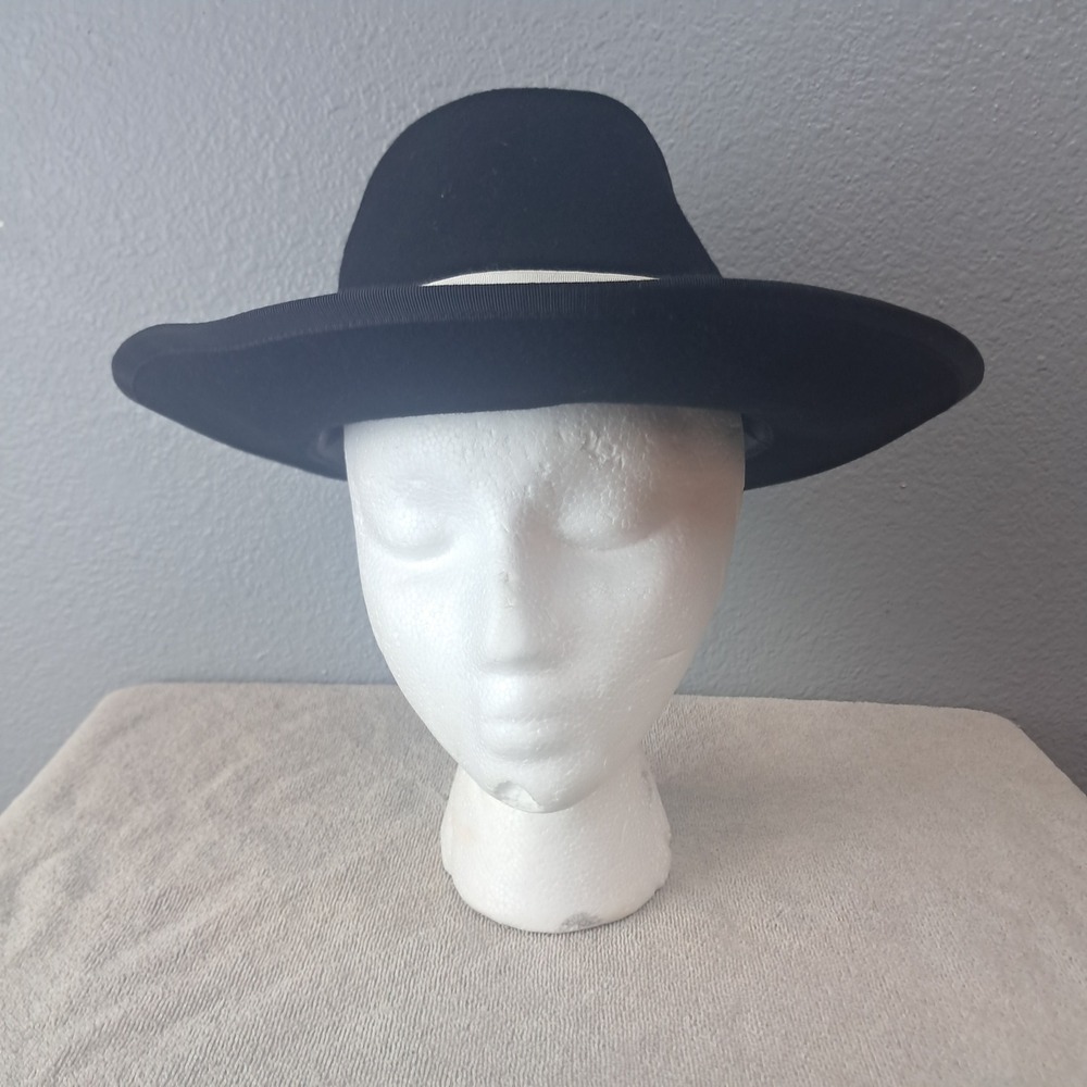 Vintage Nadeau Co Black Felt Fedora Cream Grosgrain Band And Bow Made USA Large